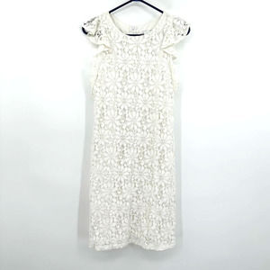 London Times size 10 white lace shift style‎ dress flutter sleeves lined